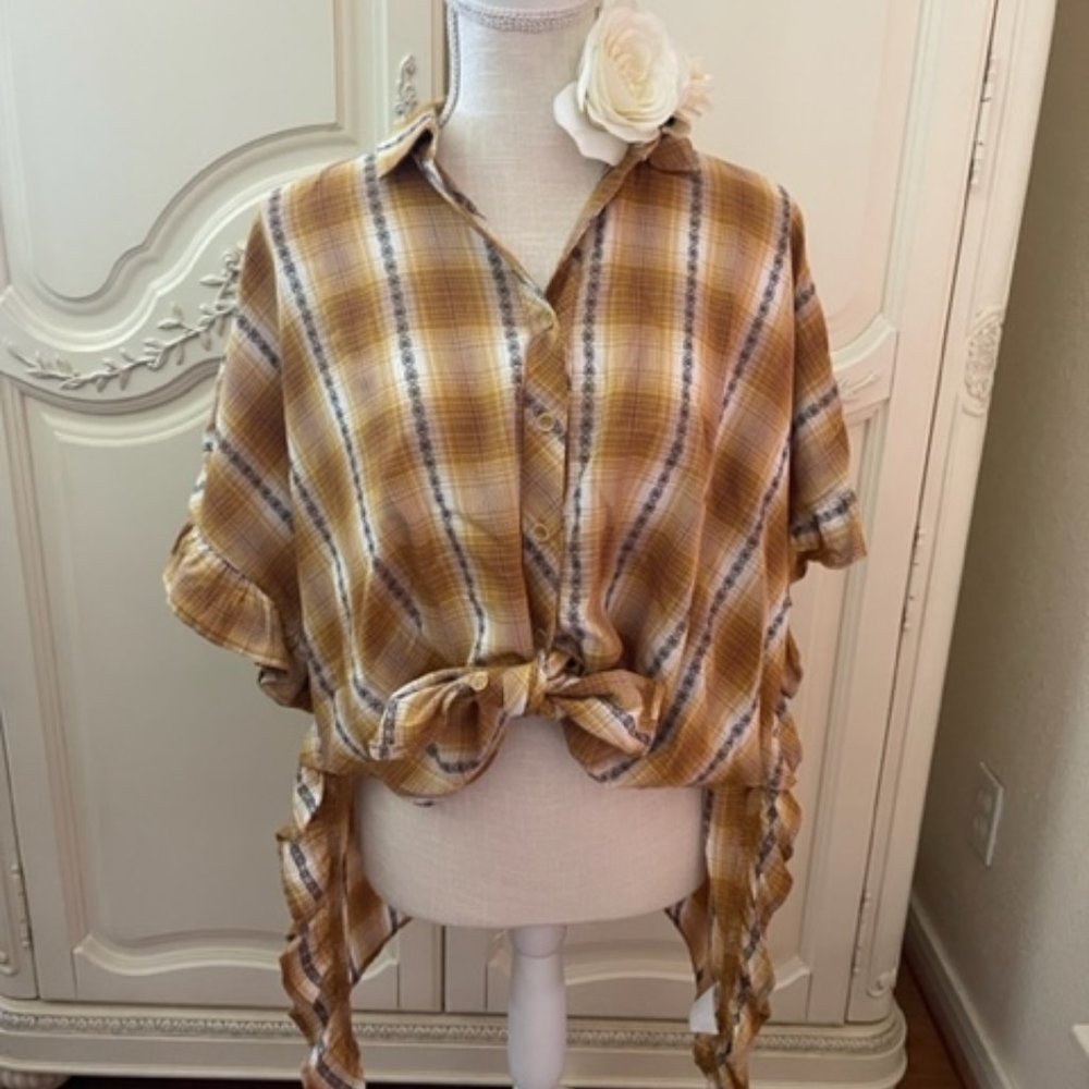 Ivy Jane Oversized High Low Ruffle Mustard Plaid Blouse Top XS